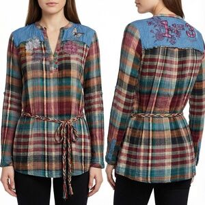 DESIGUAL Blus Sully 100% Cotton Tunic Top Roll Tab Long Sleeve w/ Waist Tie XL